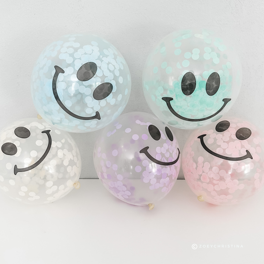 12 Inch Smiley Face Confetti Filled Latex Balloons: Purple 5pk